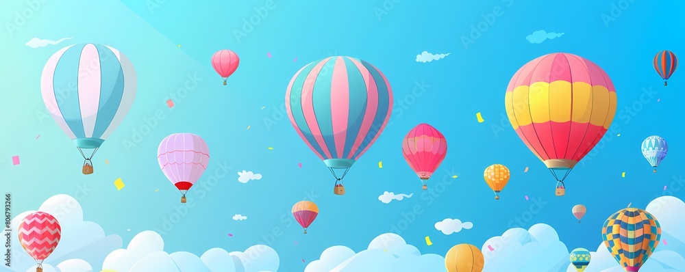 Naklejka premium Hot Air Balloon Ride illustration background for banner of travel agency or adventure tour. Aerostat flight with beautiful clouds. Travel holiday festival in summer time.