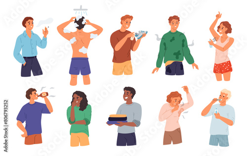Cartoon people with bad smell. Daily hygiene. Sweating dirty man. Smoking woman. Alcohol consumption. Persons spraying deodorant and taking shower. Sweaty clothing. Garish vector set