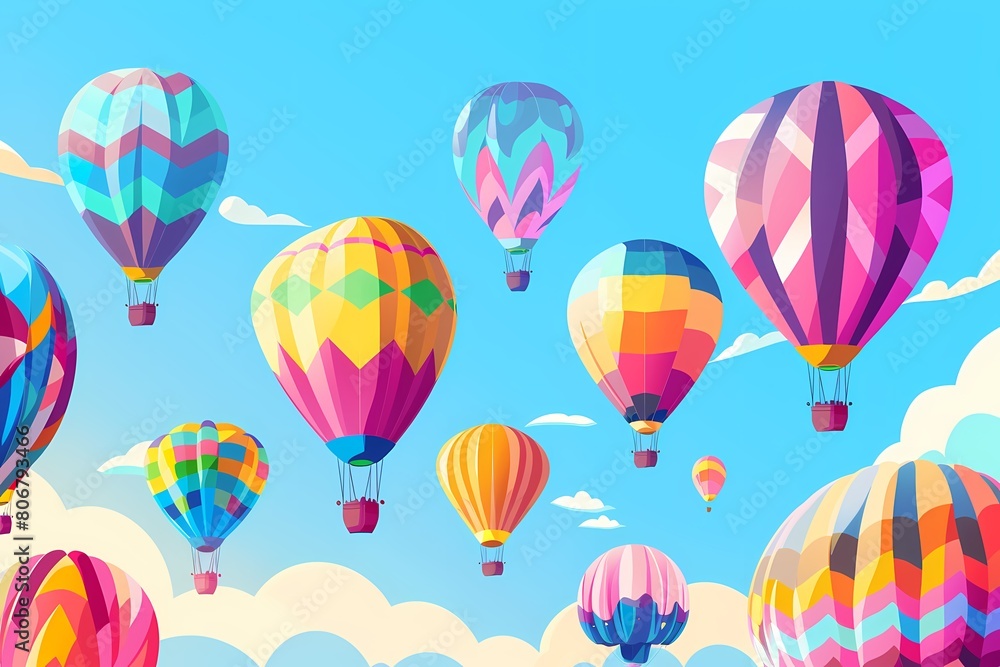 Fototapeta premium Hot Air Balloon Ride illustration background for banner of travel agency or adventure tour. Aerostat flight with beautiful clouds. Travel holiday festival in summer time.