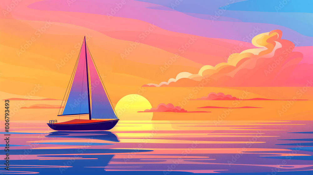 Fototapeta premium A sailboat sails in the calm waters of the ocean at sunset. Serene seascape.