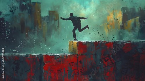 An abstract painting depicting a man balancing on a graffiti-covered wall, conveying themes of uncertainty and urban exploration photo