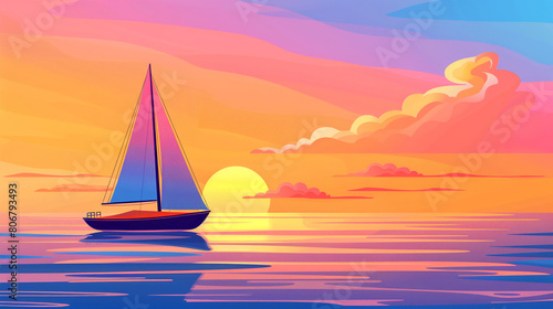 A sailboat sails in the calm waters of the ocean at sunset. Serene seascape.