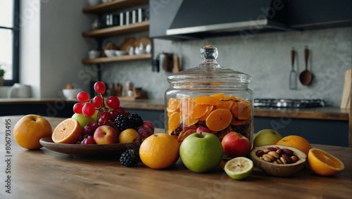 view of an assortment of fruits and dried fruit on a worktop in a kitchen