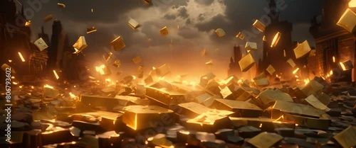 Realistic 3D scene of minimalist gold bars and currency symbols caught in a storm, market turmoil, photo