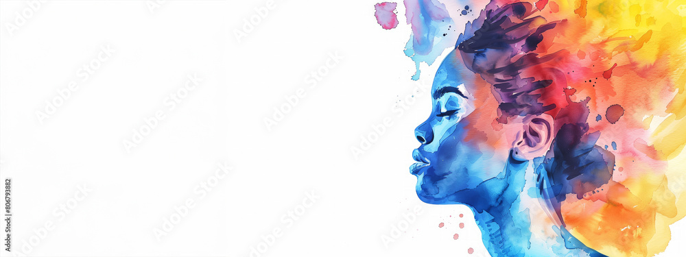 A woman's face is painted in blue and yellow colors. The painting is abstract and has a lot of splatters. The colors and the splatters give a sense of movement, energy. Water color profile of a woman