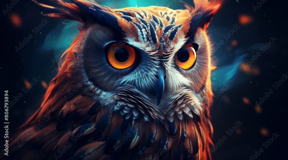 an abstract owl portrait, where vibrant double exposure paint techniques converge to create a mesmerizing portrayal of this iconic creature. an abstract owl portrait, where vibrant double exposure paint techniques converge to create a mesmerizing portrayal of this iconic creature.