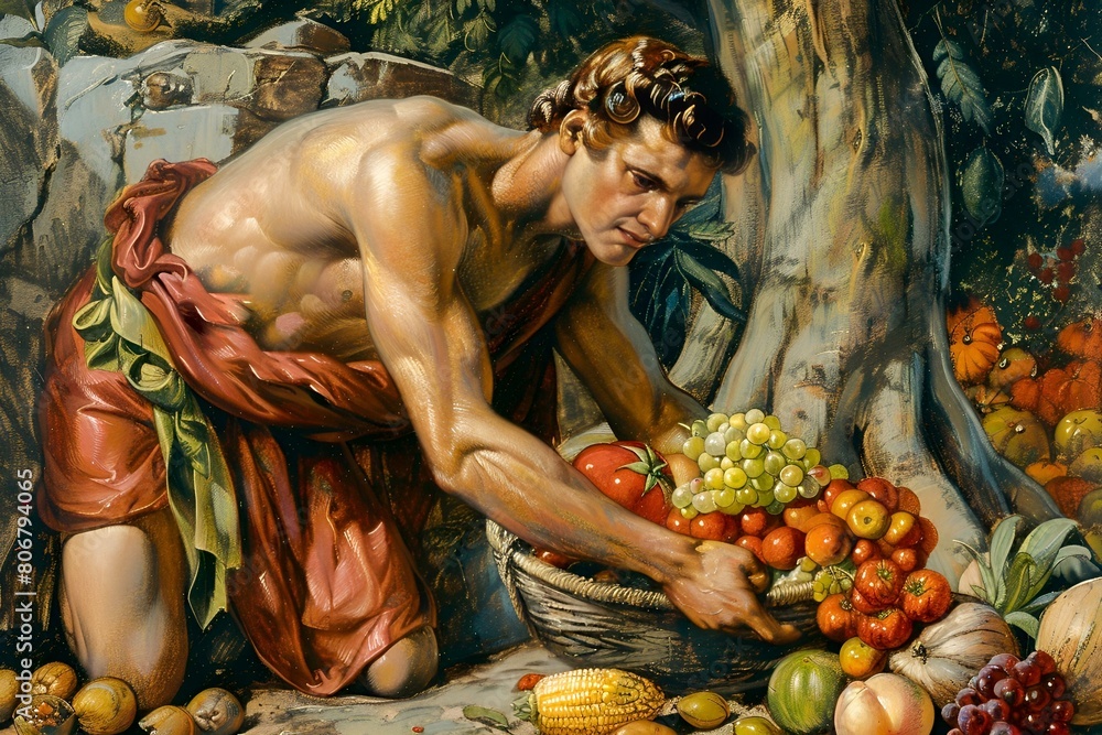 Obraz premium Biblijny Kain składający ofiarę z płodów ziemi – symbol pierwszej ofiary w historii, postać ze Starego Testamentu, otoczona owocami i warzywami