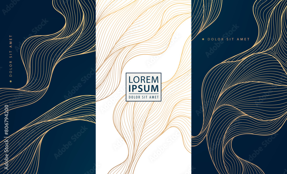 Fototapeta premium Vector set of wave gold patterns. luxury abstract line art, elegant curve textures. Premium labels, cards, minimal package, glitter silk shapes 