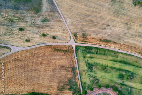 aero drone view. Green Barley Field Scenery of Nakdonggang River in Korea. photo