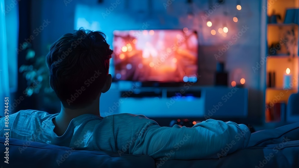 Man watching TV on couch possibly streaming or gaming Limited field of view. Concept Watching TV, Streaming, Gaming, Limited Field of View, Relaxing at Home Man watching TV on couch possibly streaming or gaming Limited field of view. Concept Watching TV, Streaming, Gaming, Limited Field of View, Relaxing at Home