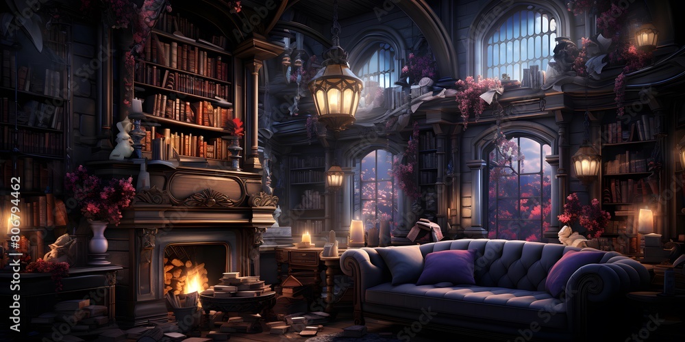 Fantasy interior of a living room with a sofa and books.