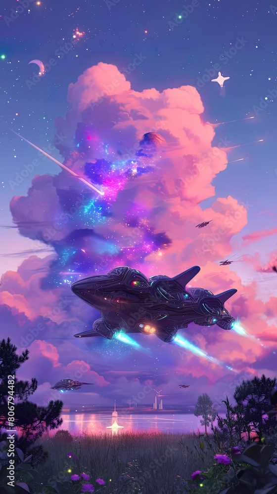 Fototapeta premium Spaceship, sleek design, landing on a new planet, alien civilization, photography, silhouette lighting, double exposure, Rear view