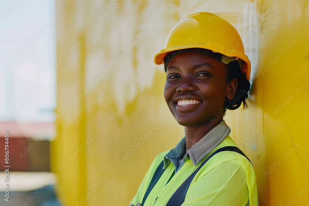 happy black female construction worker professional tradeswoman builder portrait with copy space happy black female construction worker professional tradeswoman builder portrait with copy space