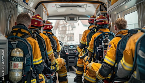 Firefighters are traveling in a vehicle wearing helmets and protective headgear photo
