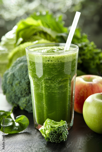 A vibrant green smoothie is in focus, surrounded by various fresh vegetables and fruits on the table.  photo