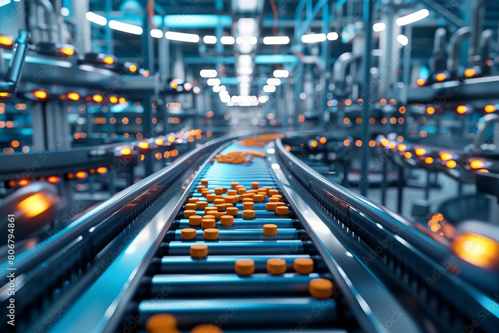 hightech pharmaceutical factory with efficient conveyor system for pill processing 3d illustration