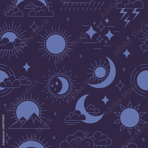Night pattern moon sun and stars stylized pictures for seamless background