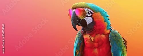 macau bird wearing sunglasses on a red background