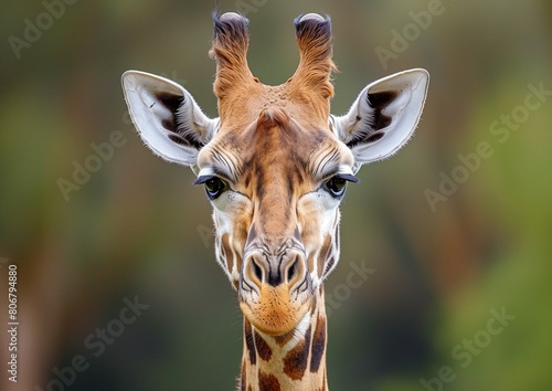 Close-up Portrait of a Giraffe Against a Blurred Green Background in Natural Habitat photo