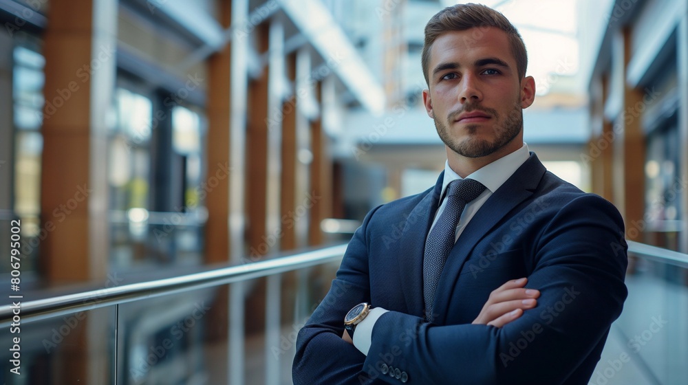 a good look man wearing business attire standing confidently inside an office building. his arms are crossed and determination has success at work. generative AI a good look man wearing business attire standing confidently inside an office building. his arms are crossed and determination has success at work. generative AI