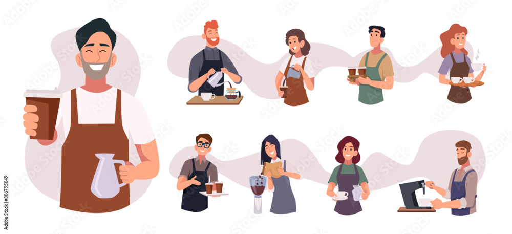 Barista person. Making delicious cappuccino americano coffee latte exact vector barista profession Barista person. Making delicious cappuccino americano coffee latte exact vector barista profession