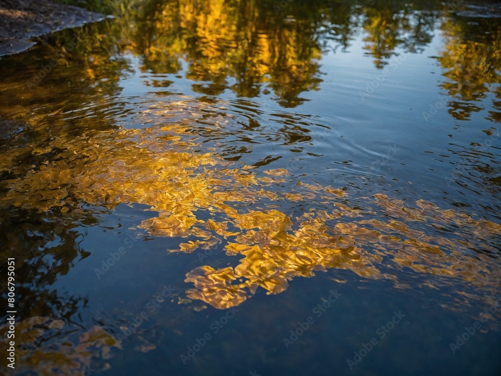 Serene water surface reflects golden hues of autumn leaves, creating tranquil, picturesque scene. Water still, mirroring warm colors, shapes of leaves above.