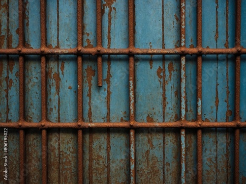 Close-up view captures texture, colors of weathered blue metal surface with vertical slats. Horizontal rusted bars intersect these slats, showing signs of corrosion, decay. Image conveys sense of age.