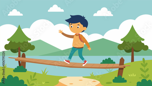 A boy carefully balancing on a log bridge as he makes his way across.. Vector illustration