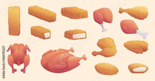 Chicken fried. Hen legs fried tasty wing exact vector fried fast food cartoon illustrations