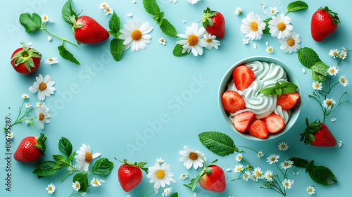  A bowl of strawberries topped with whipped cream, surrounded by daisies against a blue background