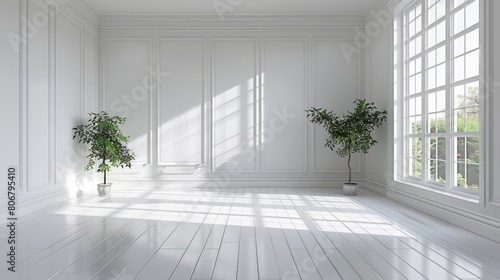3D modern empty room with wooden floor and large white plain wall.