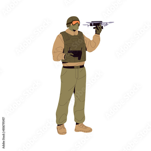 Military operator of aerial drone with computer. Scout soldier in helmet controls UAV. Army unmanned vehicle. Modern technology in armed force. Flat isolated vector illustration on white background