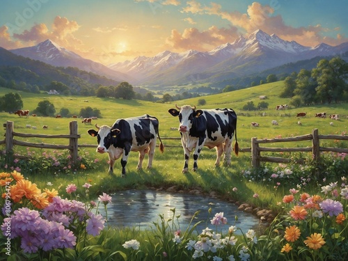 Serene landscape unfolds  presenting lush green meadow where cows find sustenance. Under majestic mountain range  sunlight filters through peaks  casting ethereal glow on scene.