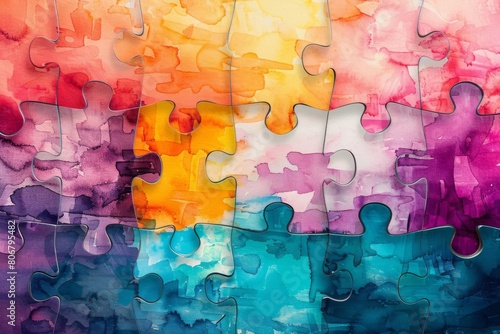 interlocking puzzle pieces with colorful watercolor texture symbolizing diversity and connection abstract design