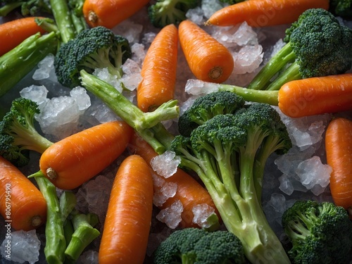 Close-up view presented  capturing fresh broccoli  carrots arranged on bed of crushed ice. This arrangement likely for purpose of maintaining their crispness  freshness.