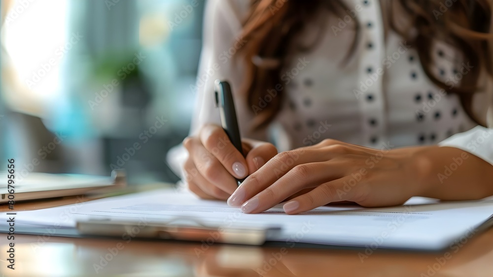 Woman signing a contract in close-up view in an office. Concept Office, Close-up, Contract Signing, Businesswoman, Professional Attire Woman signing a contract in close-up view in an office. Concept Office, Close-up, Contract Signing, Businesswoman, Professional Attire