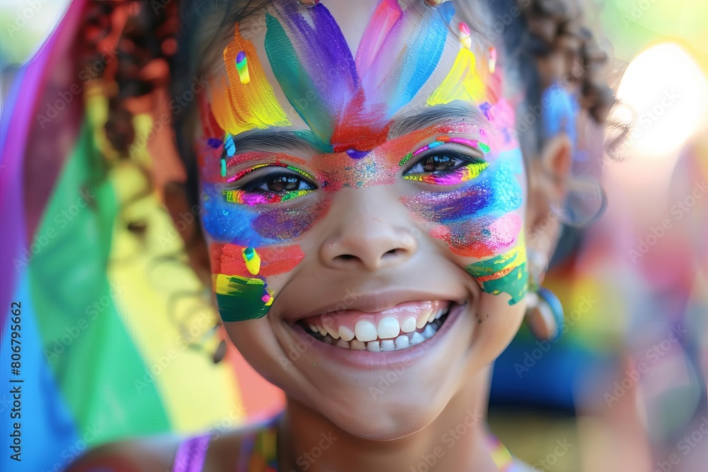 joyful child at pride festival adorned with vibrant rainbow tribal face paint celebrating diversity and inclusion aigenerated illustration joyful child at pride festival adorned with vibrant rainbow tribal face paint celebrating diversity and inclusion aigenerated illustration