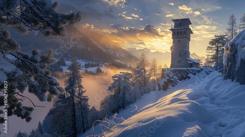 Sunrise on Ancient Torre Del Belvedere Tower Among Snowy Woods in Maloja, Bregaglia, Engadine, Graubunden Canton, Switzerland, Europe photo