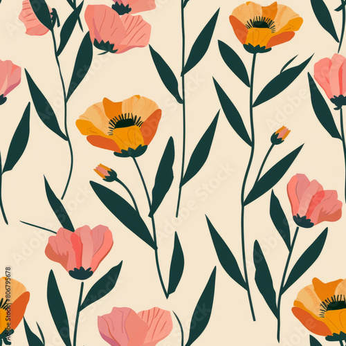 Seamless pattern with small little floral spring orange flowers. Vintage floral foliage 