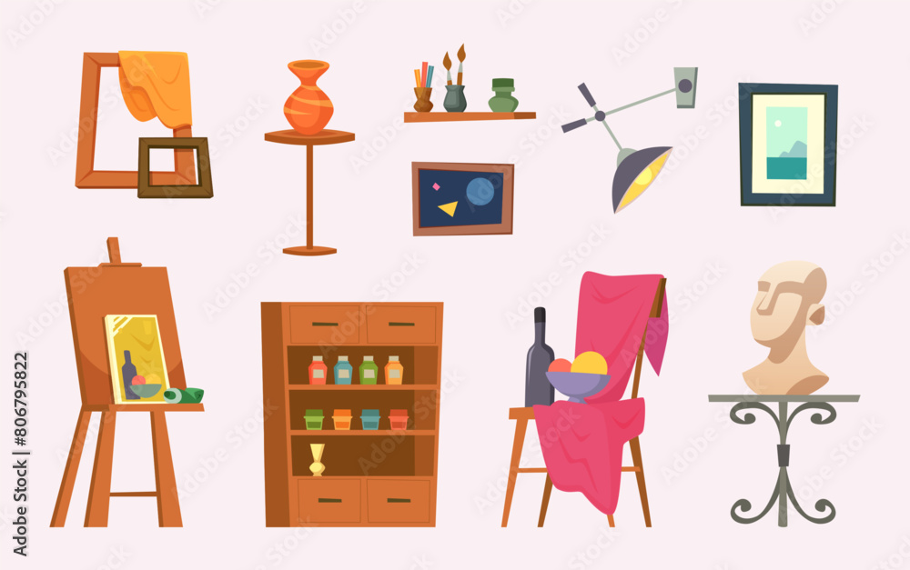 Art studio. Canvas brushes paints easel for pictures frames exact vector art classroom items Art studio. Canvas brushes paints easel for pictures frames exact vector art classroom items