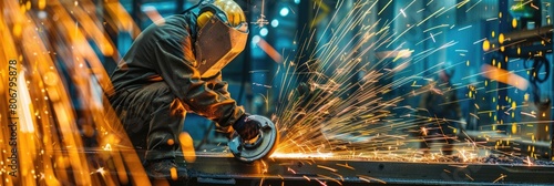 Steel Work. Electric Grinder Sparks on Steel Structure in Factory Man Working