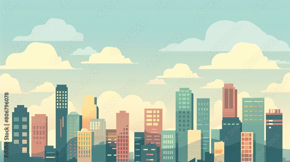 Flat design illustration of a cityscape with skyscrapers, buildings and other urban architecture against a clear sky with clouds