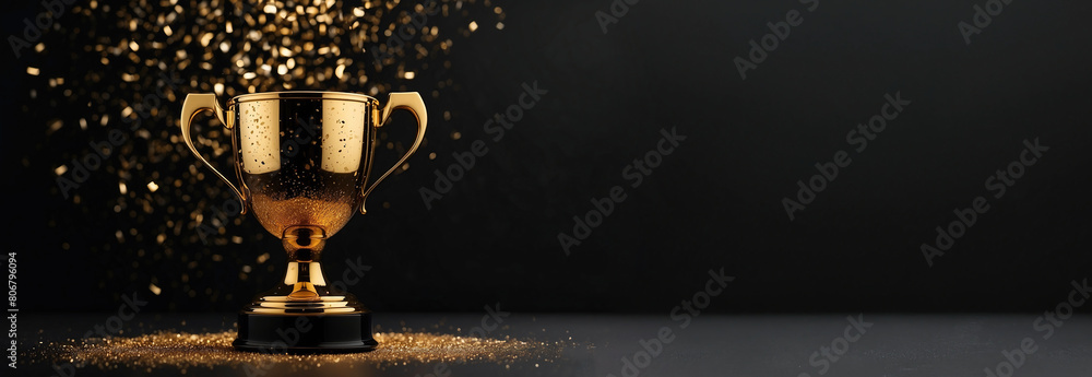 Naklejka premium Sparkles black background with a winners cup. Champion golden trophy on black background. Concept of success and achievement.