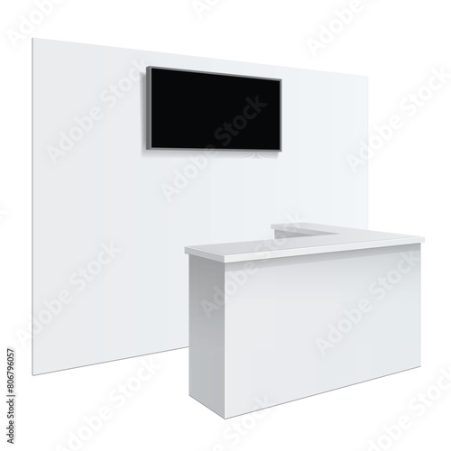 White reception or information desk. Isolated on the white background. MockUp Template For Your Design. Vector illustration.