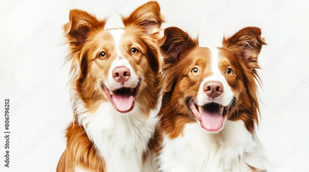 Two happy  dogs  on a  white background