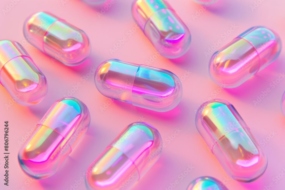 magical iridescent pills on pastel pink background symbolizing transformative power concept illustration magical iridescent pills on pastel pink background symbolizing transformative power concept illustration