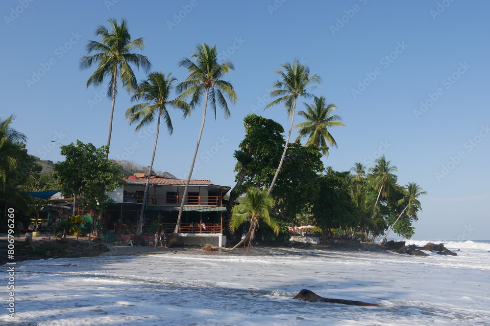 Obraz premium Kokospalmen und Gischt am Strand von Montezuma auf der Halbinsel Nicoya bei Puntaremas in Costa Rica