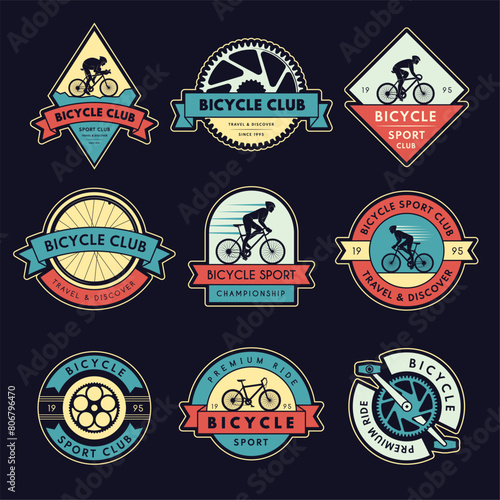 Bicycle badges. Set emblem for bike cycling recent vector gears wheels bicycle parts