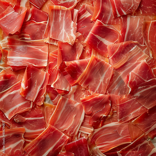 Fondo con detalle y textura de multitud de pequeñas lonchas de jamon con aspecto delicioso photo