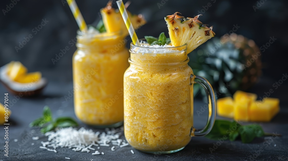 A pineapple smoothie in a mason jar, topped with two straws A pineapple smoothie in a mason jar, topped with two straws